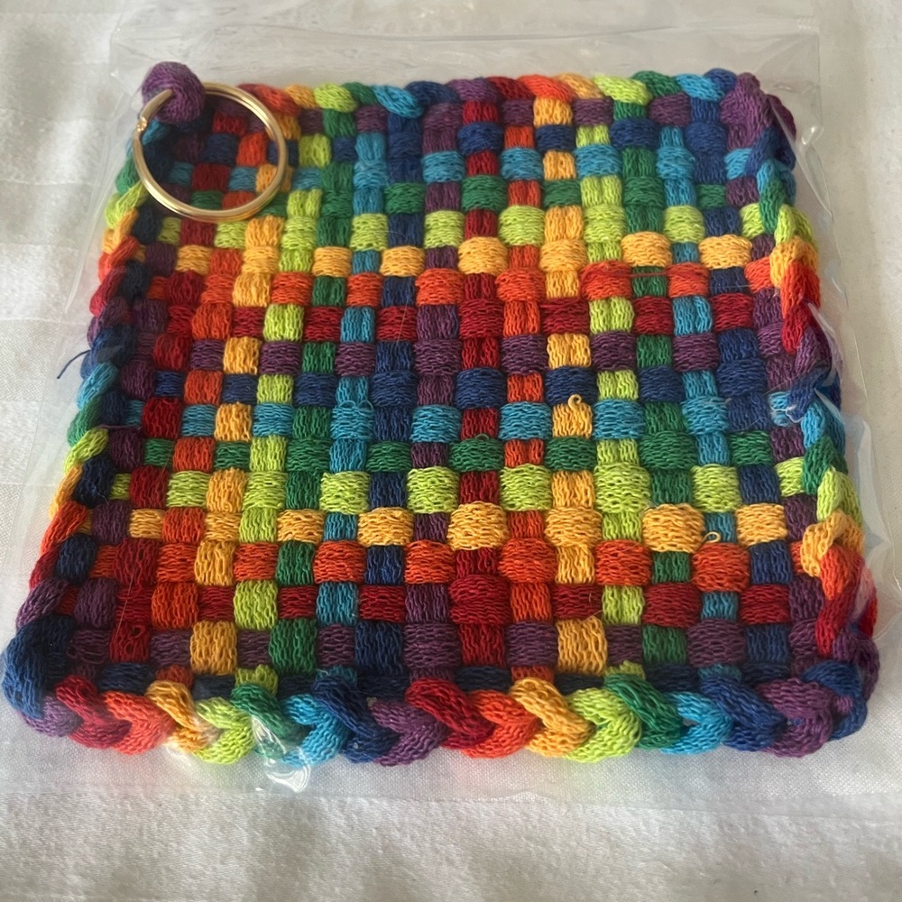 Handwoven Rainbow Potholder with Keyring